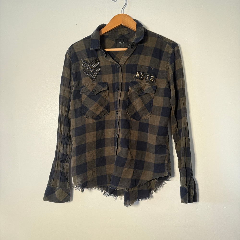 Rails Plaid Button Down Women Small Green Blue Military Patch Frayed